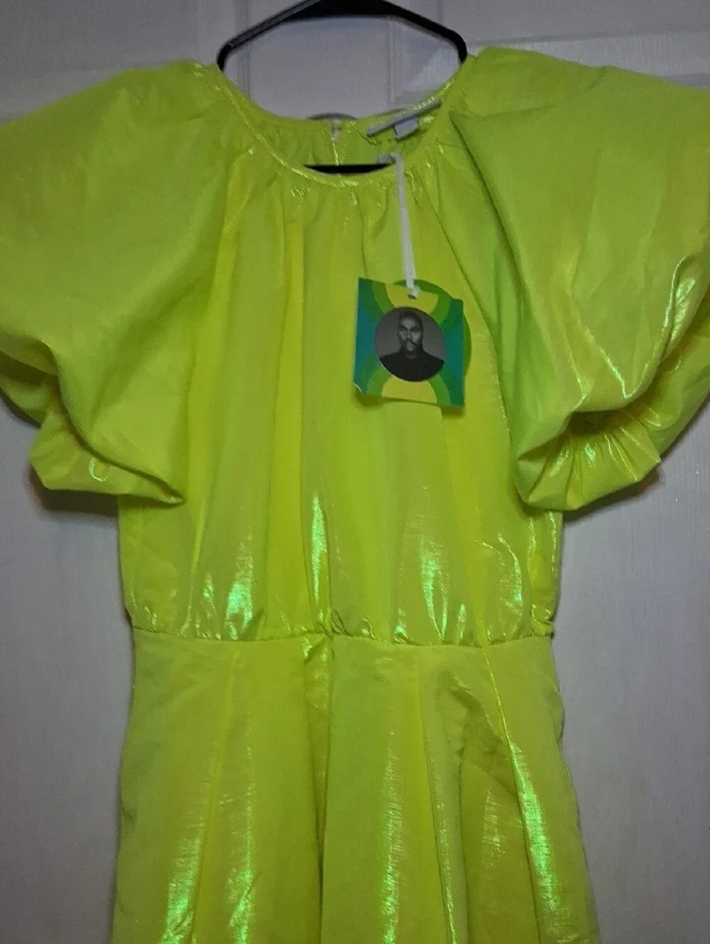 Christopher John Rogers Neon Yellow Shiny Puff Sleeve Dress